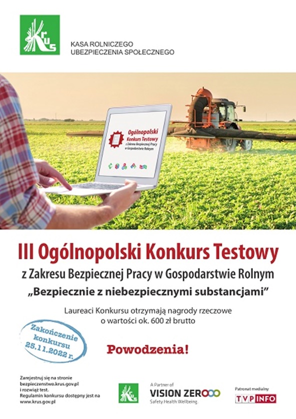 Ilustracja do informacji: Zapraszamy rolników do udziału w III Ogólnopolskim Konkursie Testowym z Zakresu Bezpiecznej Pracy w Gospodarstwie Rolnym „Bezpiecznie z niebezpiecznymi substancjami” 